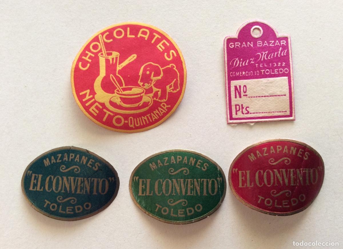 &Eacute;tiquettes anciennes: 5 ANTIGUAS PEQUE&Ntilde;AS ETIQUETAS DE QUINTANAR Y TOLEDO CHOCOLATES MAZAPANES BAZAR
