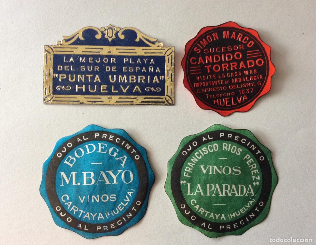 &Eacute;tiquettes anciennes: 4 ANTIGUAS PEQUE&Ntilde;AS ETIQUETAS COMERCIALES DE CARTAYA Y HUELVA