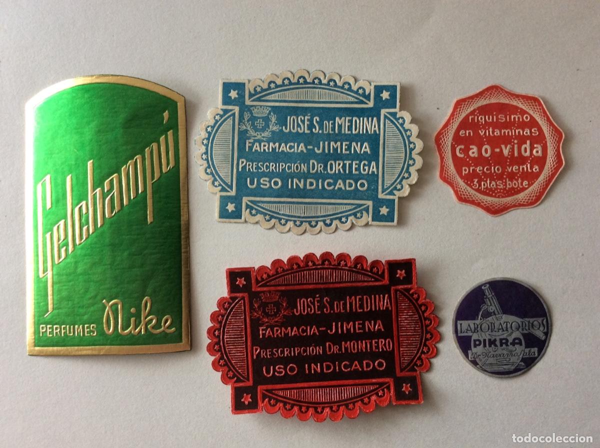 &Eacute;tiquettes anciennes: 5 ANTIGUAS PEQUE&Ntilde;AS ETIQUETAS COMERCIALES DE PERFUME Y FARMACIA