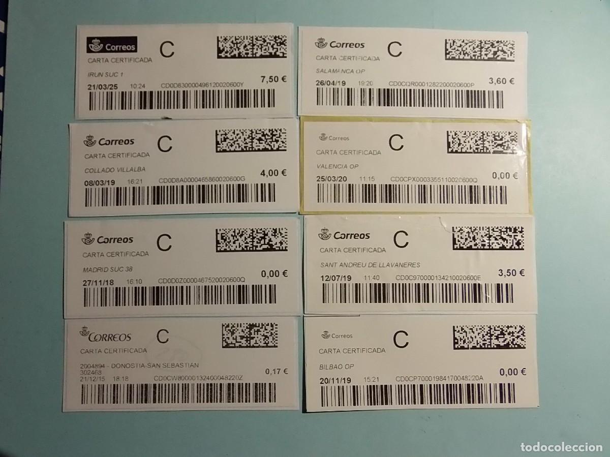 Etiquetas antiguas: LOTE DE 8 ETIQUETAS CORREOS - FRANQUEO CERTIFICADO - VARIEDAD DE MUNICIPIOS.