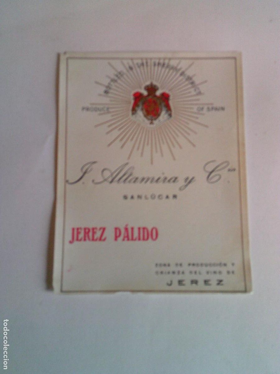 Etiquetas antiguas: Etiqueta de vinos antigua Jerez P&aacute;lido J. Altamira y Cia. Sanlucar de Barrameda