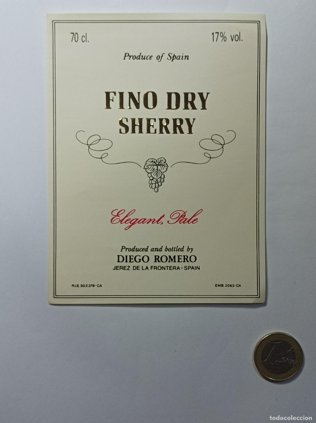 Etichette antiche: FINO DRY SHERRY. DIEGO ROMERO. ETIQUETA ANTIGUA LICOR. SIN PEGAR.