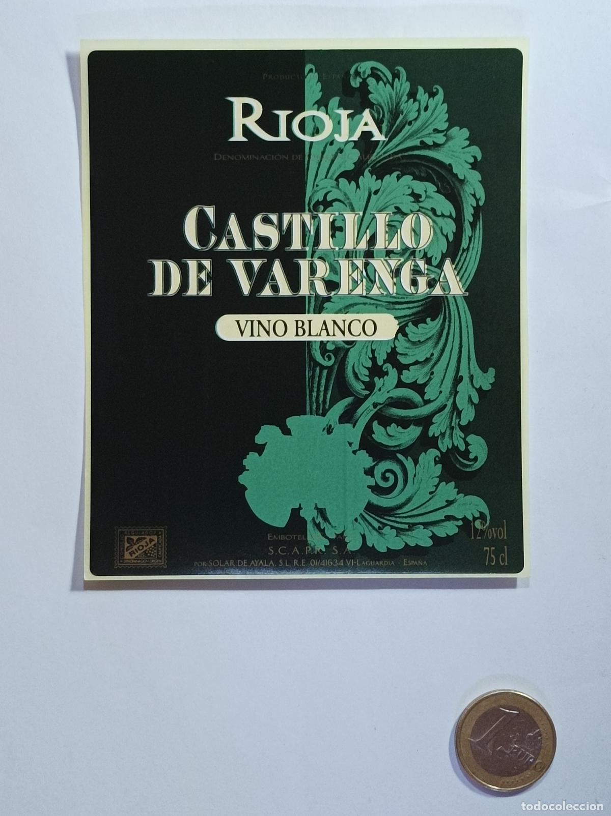 Etiquetas antiguas: CASTILLO DE VARENGA. BLANCO. RIOJA. ETIQUETA VINO. SIN USAR. PEGATINA.