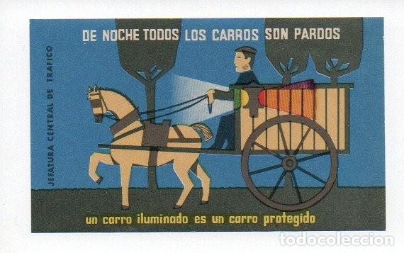 Etiquetas antiguas: ANTIGUA ETIQUETA SIN PEGAR. DE NOCHE TODOS LOS CARROS SON PARDOS. JEFATURA CENTRAL DE TRAFICO. 8,5X5