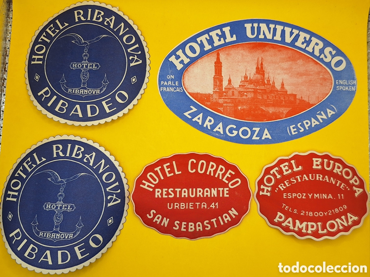 Etiquetas antiguas: Lote de 5 Antiguas Etiquetas de Hotel - Ribadeo - San Sebasti&aacute;n - Pamplona - Zaragoza -
