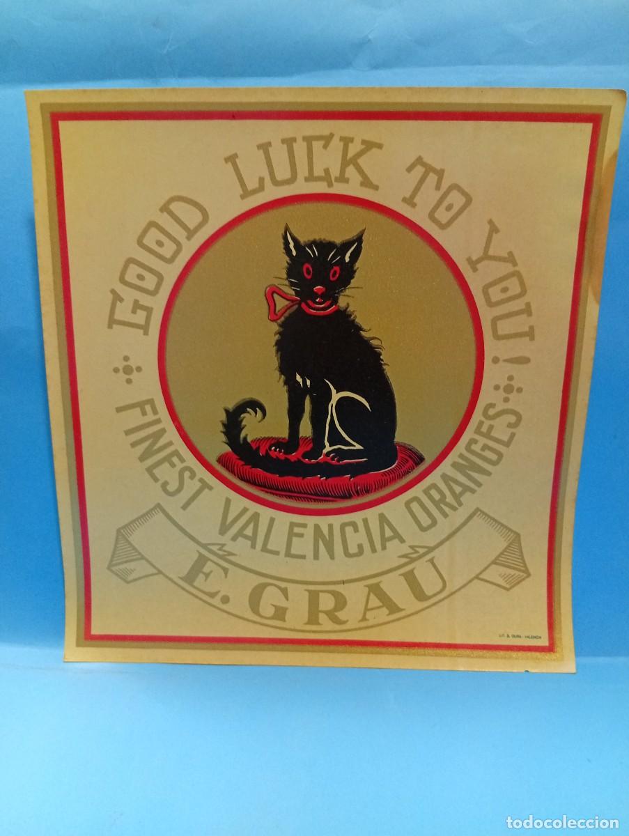 Etichette antiche: ETIQUETA. NARANJAS. R. HUGUET. GOOD LUCK TO YOU!. VALENCIA. MEDIDAS : 24.5 X 23 CM APROX.