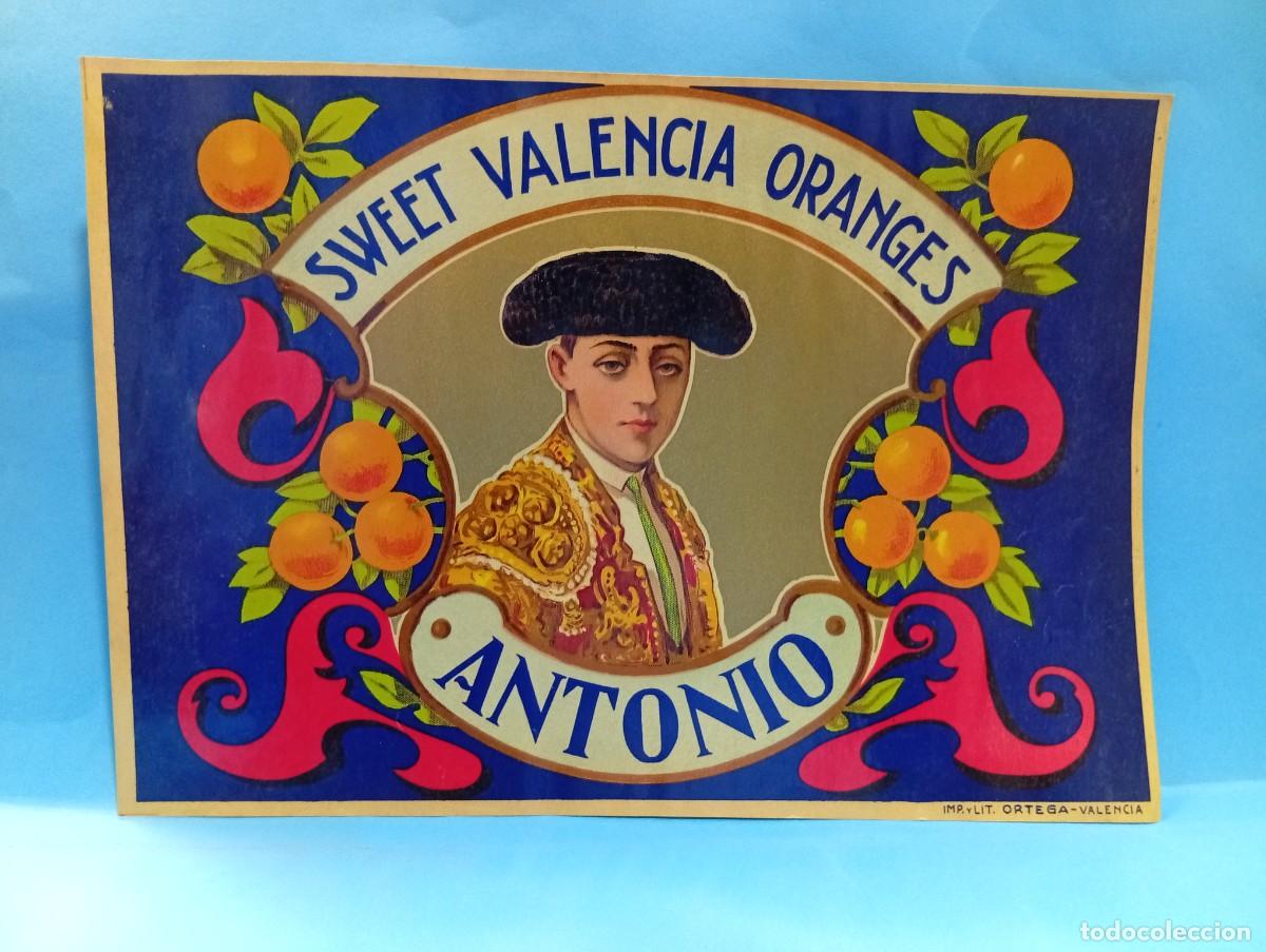 Etichette antiche: ETIQUETA. NARANJAS. SWEET VALENCIA ORANGES. ANTONIO. VALENCIA. MEDIDAS : 27.5 X 19.5 CM APROX.
