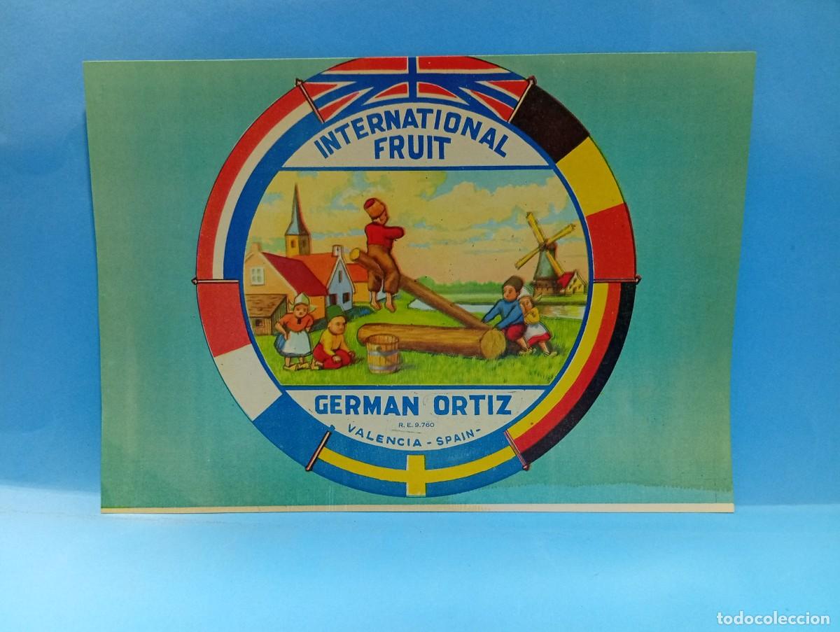 Etichette antiche: ETIQUETA. NARANJAS. INTERNATIONAL FRUIT. GERMAN ORTIZ. VALENCIA. MEDIDAS : 24 X 17 CM APROX.