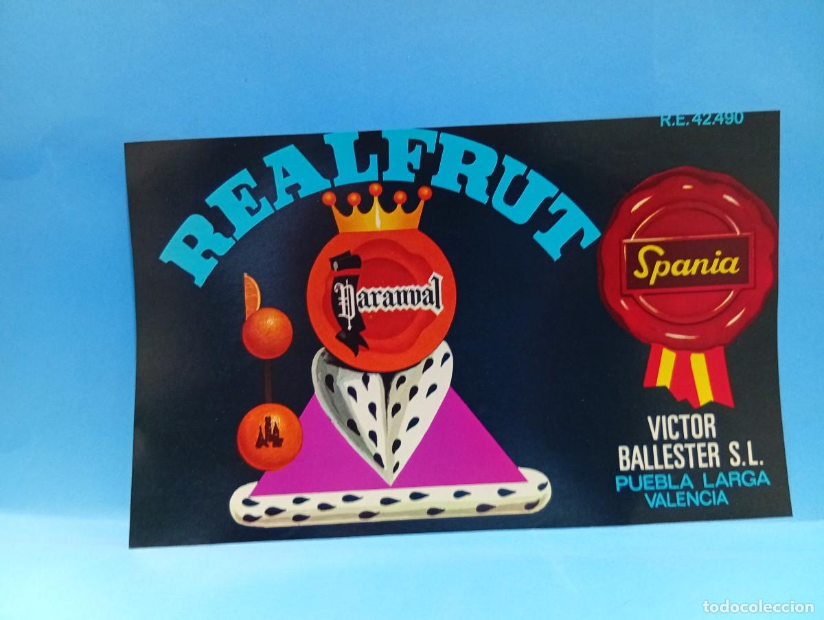 Etiquetas antiguas: ETIQUETA. NARANJAS. REALFRUIT. VICTOR BALLESTER. DARANVAL. PUEBLA LARGA, VALENCIA. ORIGINAL. VER.