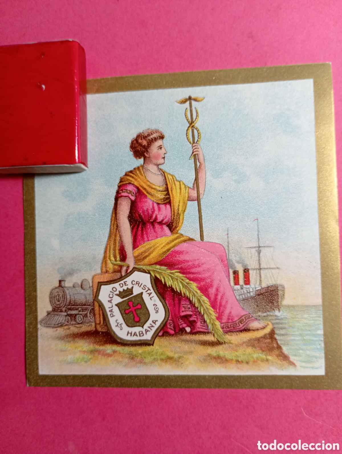 Etiquetas antiguas: CUBA Antiguas 3 Litograf&iacute;as Palacio de Cristal Habana - Alegor&iacute;a Comercio, Tren y Buque - Siglo XIX