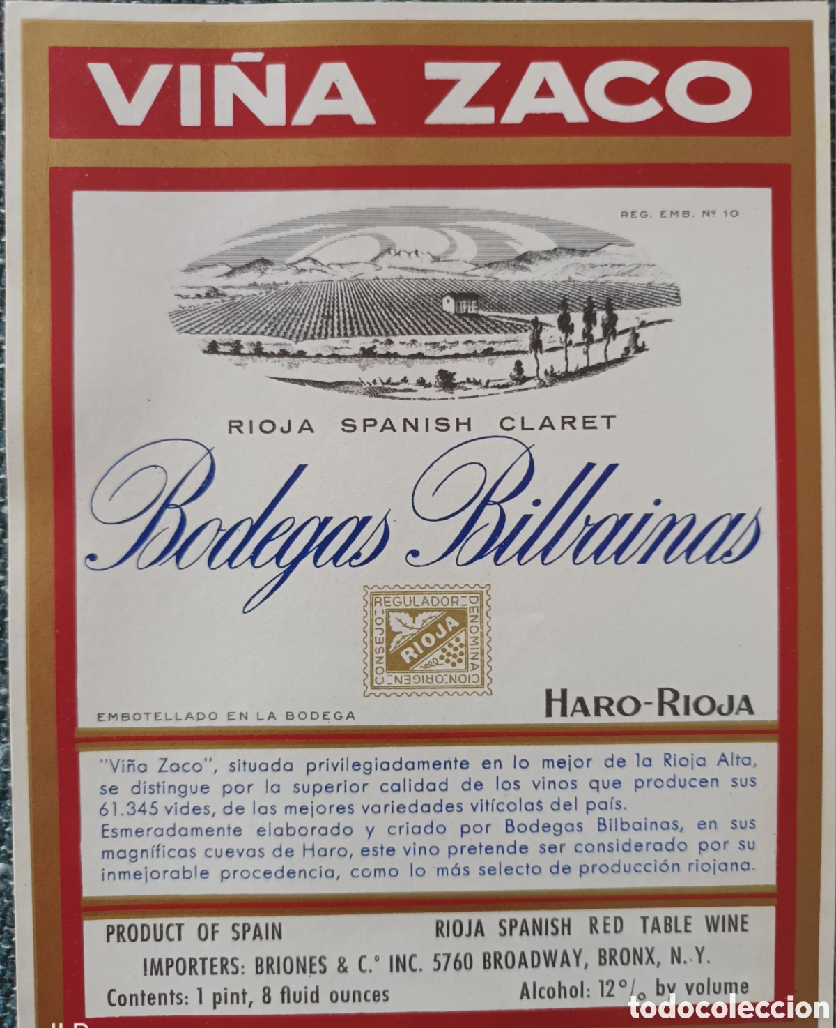 Etiquetas antiguas: ETIQUETA VI&Ntilde;A ZACO. BODEGAS BILBAINAS