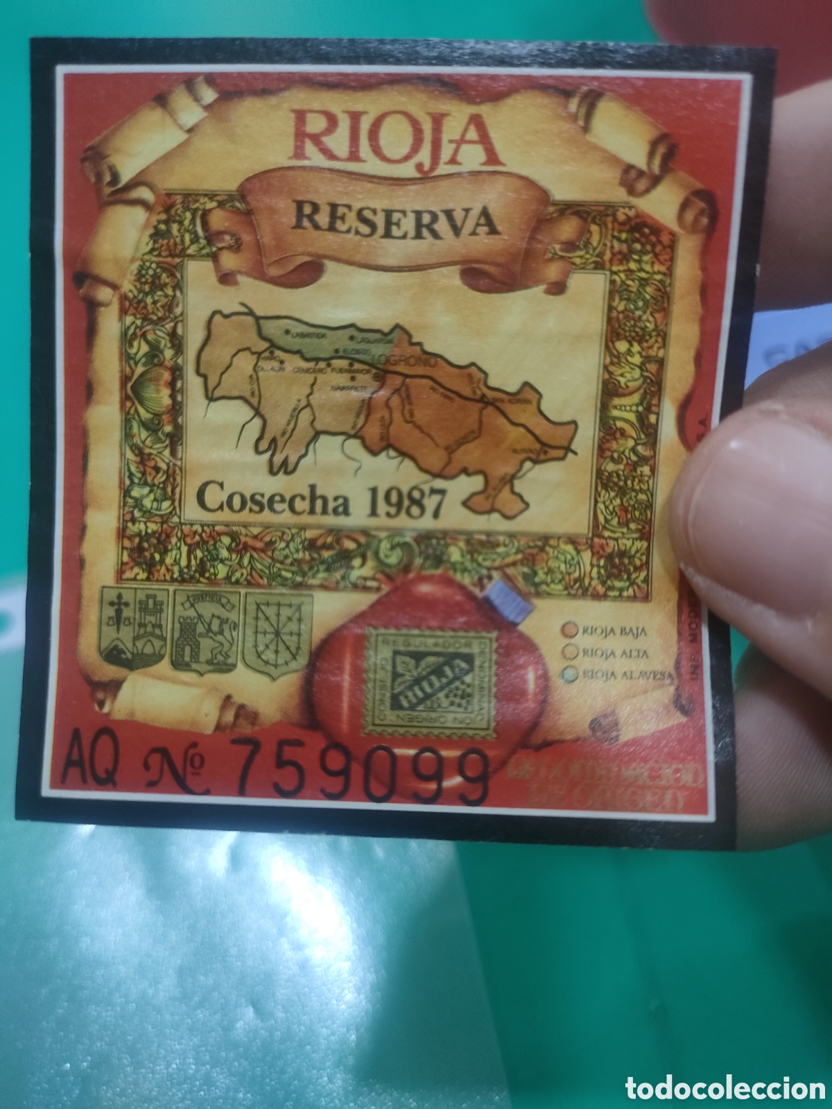 Etiquetas antiguas: Etiqueta RIOJA RESERVA COSECHA 1987