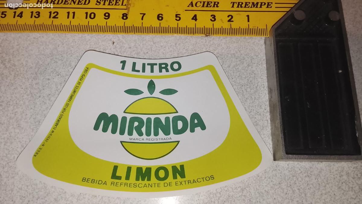Etiquetas antiguas: antigua etiqueta original de BOTELLA DE refrescos MIRINDA LIMON DE LA COMPA&Ntilde;IA PEPSI 1 LITRO