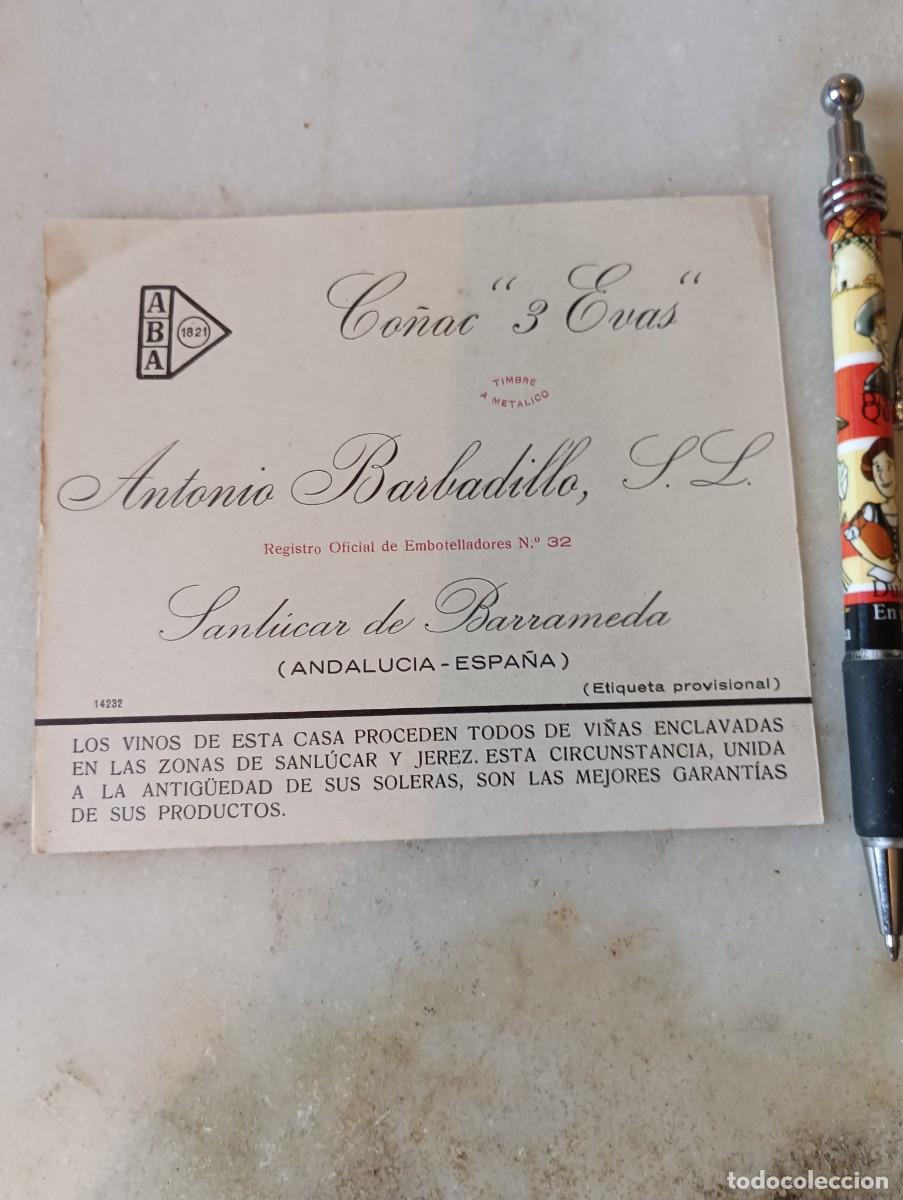 Etiquetas antiguas: Etiqueta co&ntilde;ac de Sanl&uacute;car tres evas barbadillo