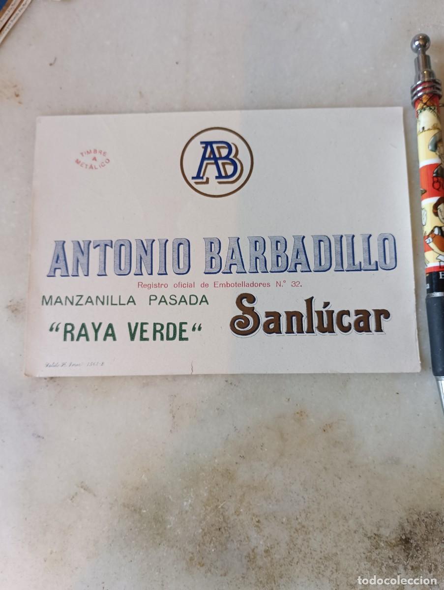 Etiquetas antiguas: Rara etiqueta antigua barbadillo raya verde Sanl&uacute;car