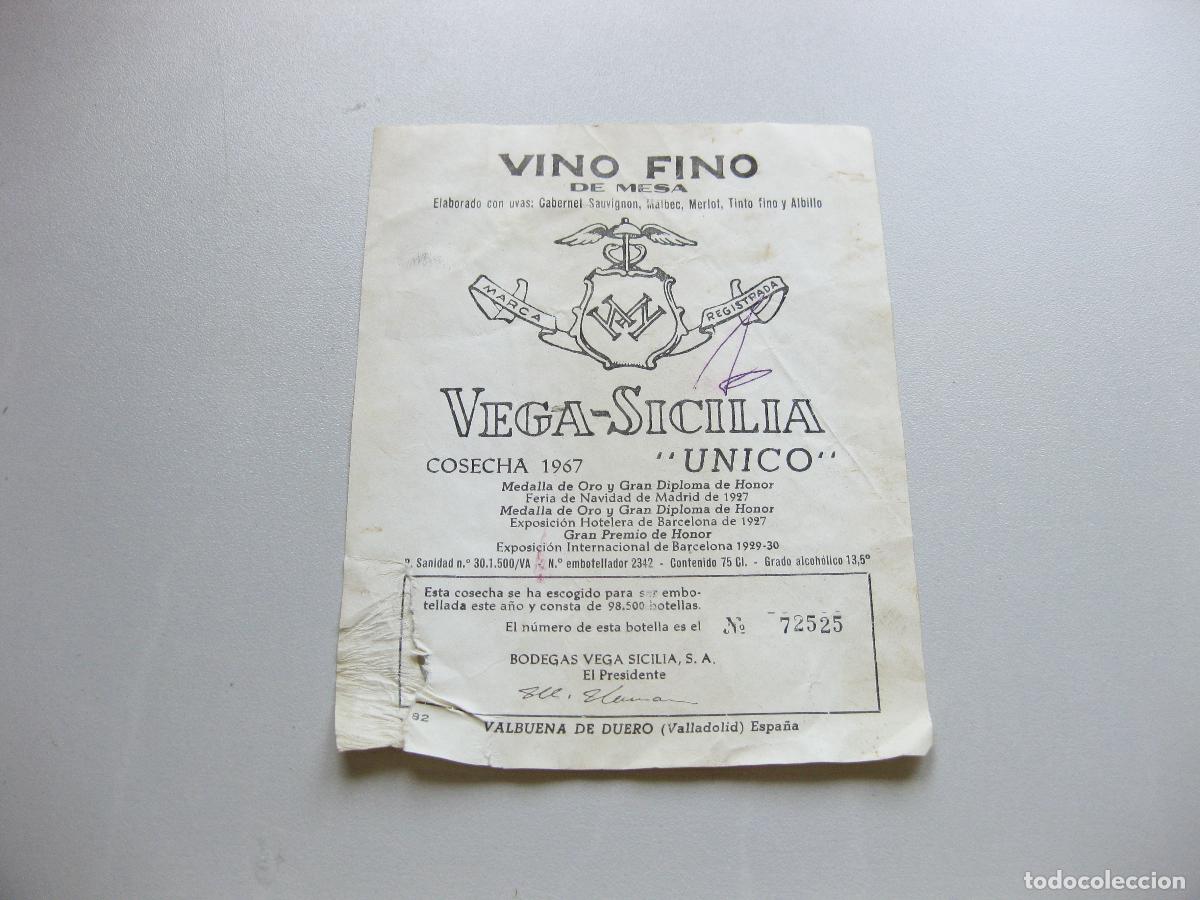 Etiquetas antiguas: ETIQUETA DE BOTELLA DE VINO FINO DE MESA VEGA SICILIA. COSECHA 1967. UNICO. VALBUENA DE DUERO