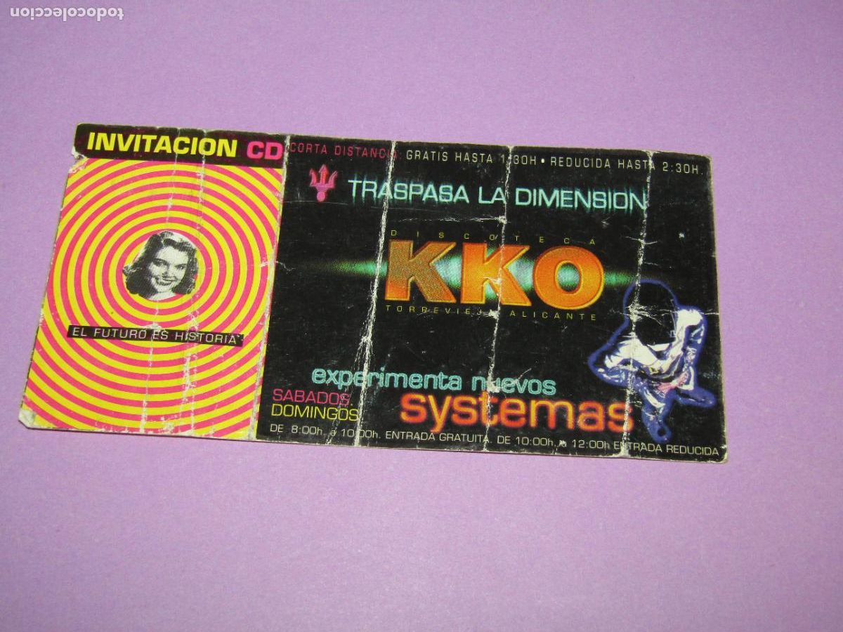 Etiquetas antiguas: Antigua Invitaci&oacute;n FLYER Entrada de la Discoteca KKO Torrevieja - A&ntilde;o 1990s.