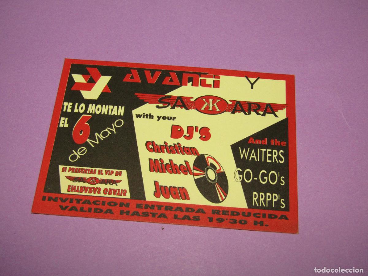 Etiquetas antiguas: Antigua Invitaci&oacute;n FLYER Entrada de la Discoteca AVANTI y SAKKARA de ELCHE - A&ntilde;o 1990s.