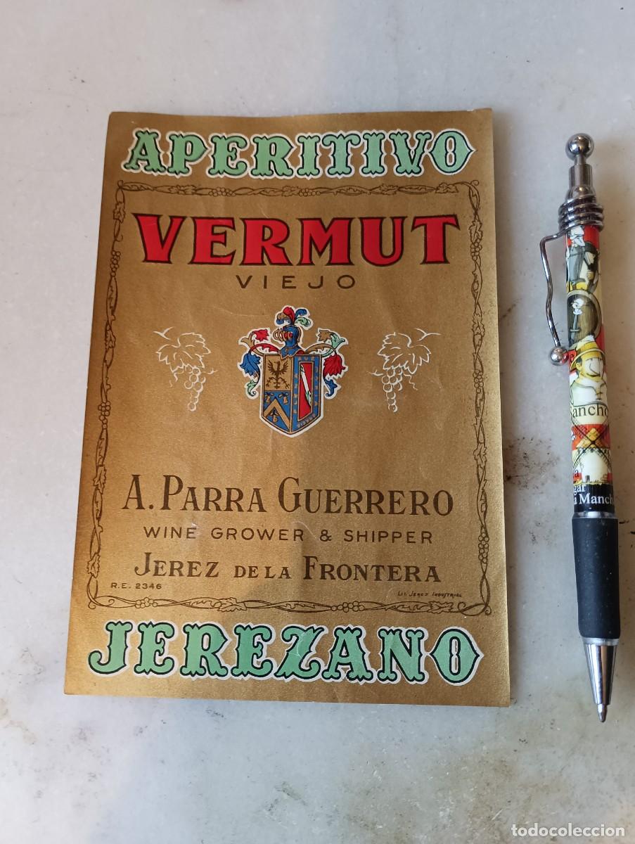 Etiquetas antiguas: Antigua etiqueta vermut jerez a parra guerrero