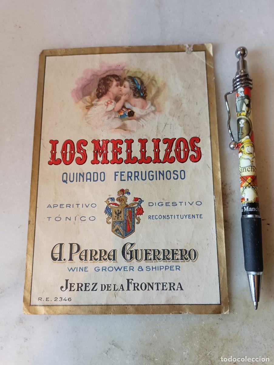 Etiquetas antiguas: Antigua etiqueta vino jerez quina los mellizos a parra guerrero