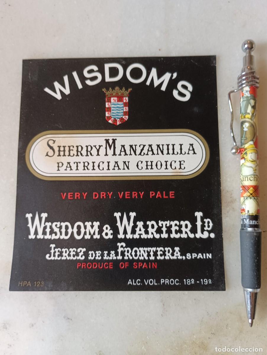 Etiquetas antiguas: Etiqueta vino jerez wisdom warter manzanilla