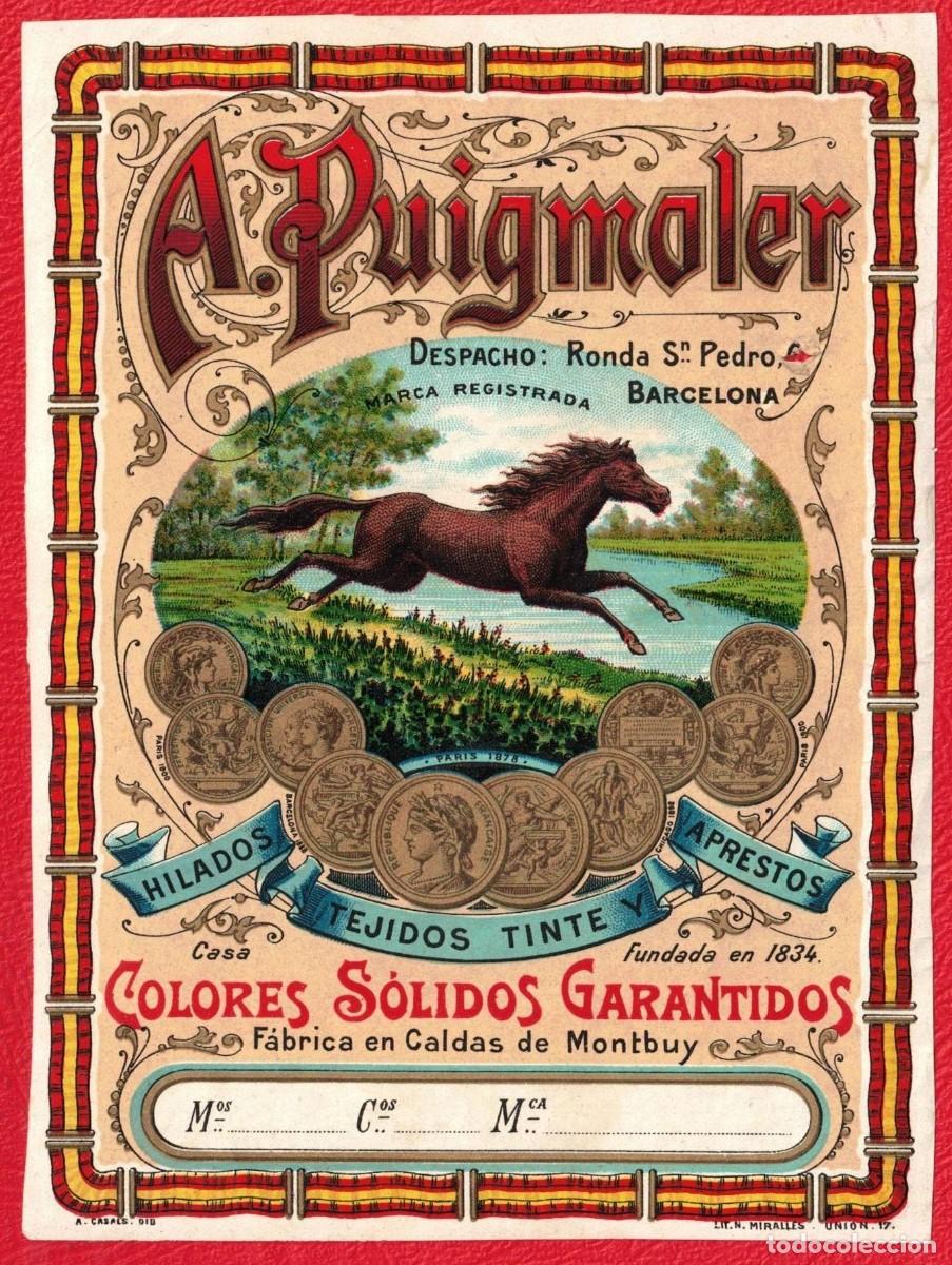 Etiquetas antiguas: A. Puigmoler Hilados, Tejidos tintes y aprestos - Caldas de Montbuy - Antigua etiqueta original