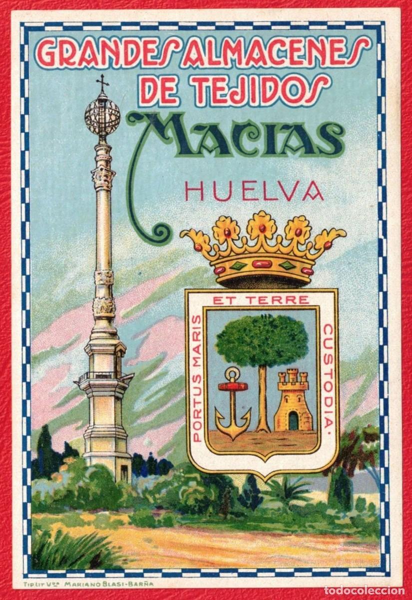 Etiquetas antiguas: Grandes Almacenes de Tejidos Macias Huelva - Lit. Mariano Blasi-Bar&ntilde;a - Antigua etiqueta original