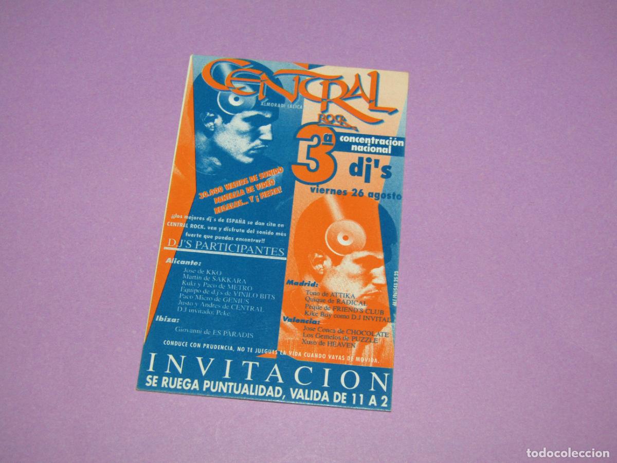 Etiquetas antiguas: Antigua Invitaci&oacute;n FLYER Entrada de la Discoteca CENTRAL ROCK de ALMORAD&Iacute; - A&ntilde;o 1990s.