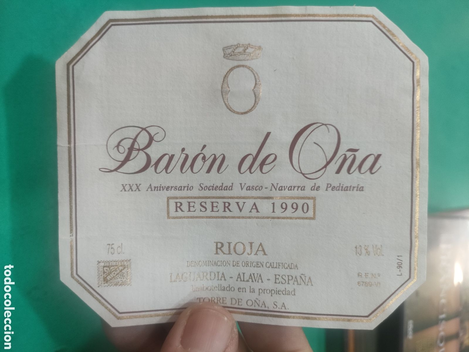 Etiquetas antiguas: Etiqueta NARON DE O&Ntilde;A Rioja RESERVA 1990