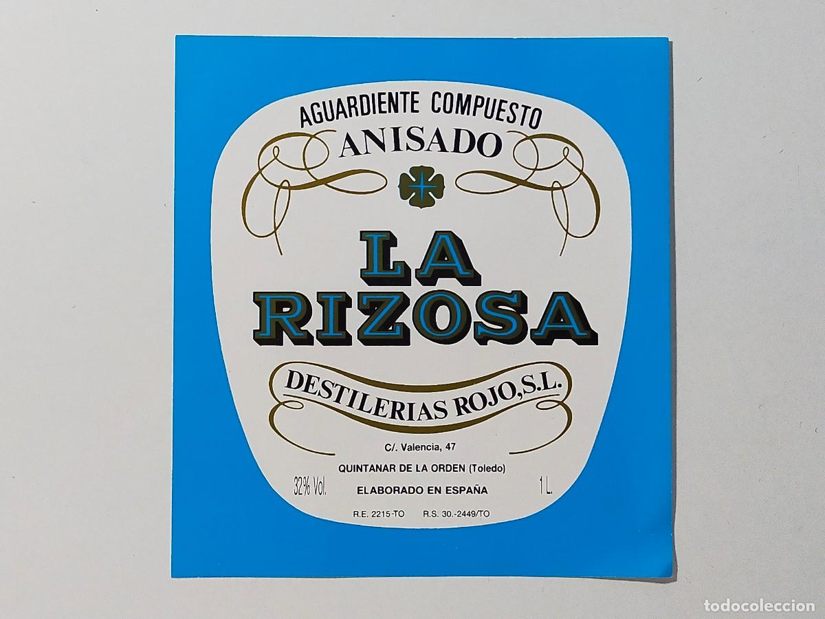 Etiquetas antiguas: Aguardiente Compuesto Anisado: LA RIZOSA - Destilerias Rojo, Quintanar de la Orden (Toledo)