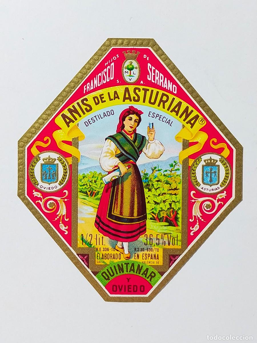 Etiquetas antiguas: ANIS DE LA ASTURIANA - Hijos de Francisco Serrano, Quintanar y Oviedo (Tama&ntilde;o peque&ntilde;o con relieve)
