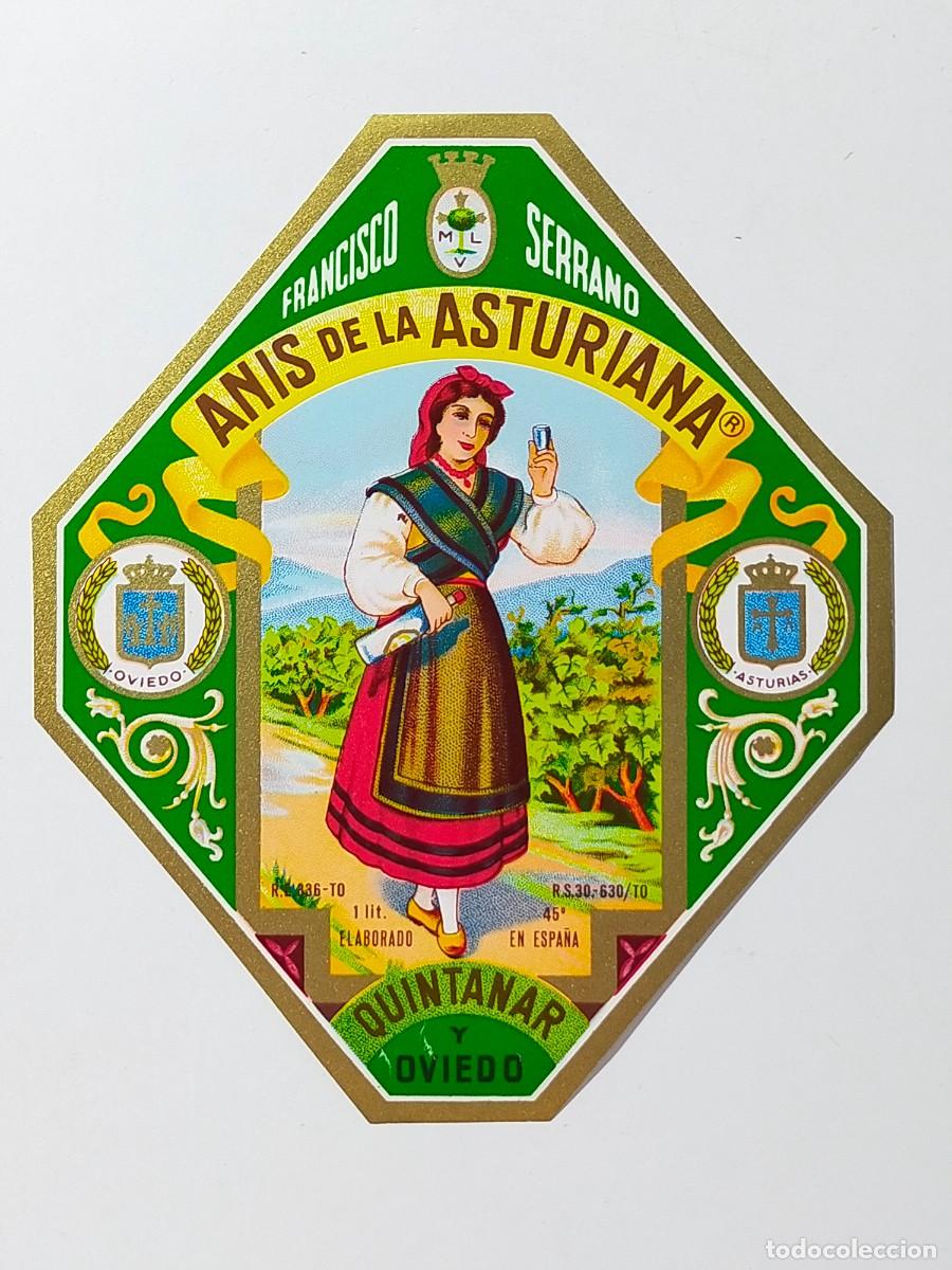 Etiquetas antiguas: ANIS DE LA ASTURIANA - Hijos de Francisco Serrano, Quintanar y Oviedo (Tama&ntilde;o grande margen dorada)