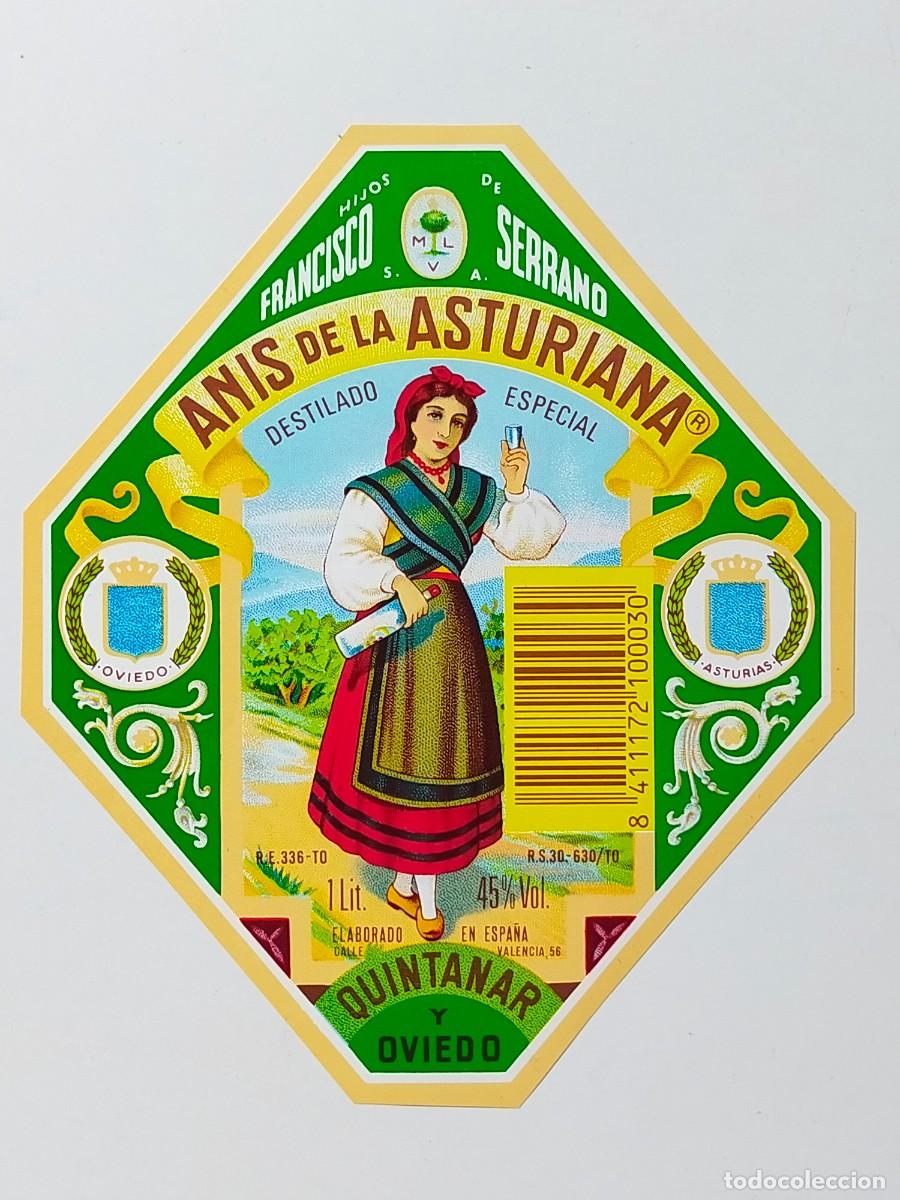 Etiquetas antiguas: ANIS DE LA ASTURIANA - Hijos de Francisco Serrano, Quintanar y Oviedo (Tama&ntilde;o grande margen liso)