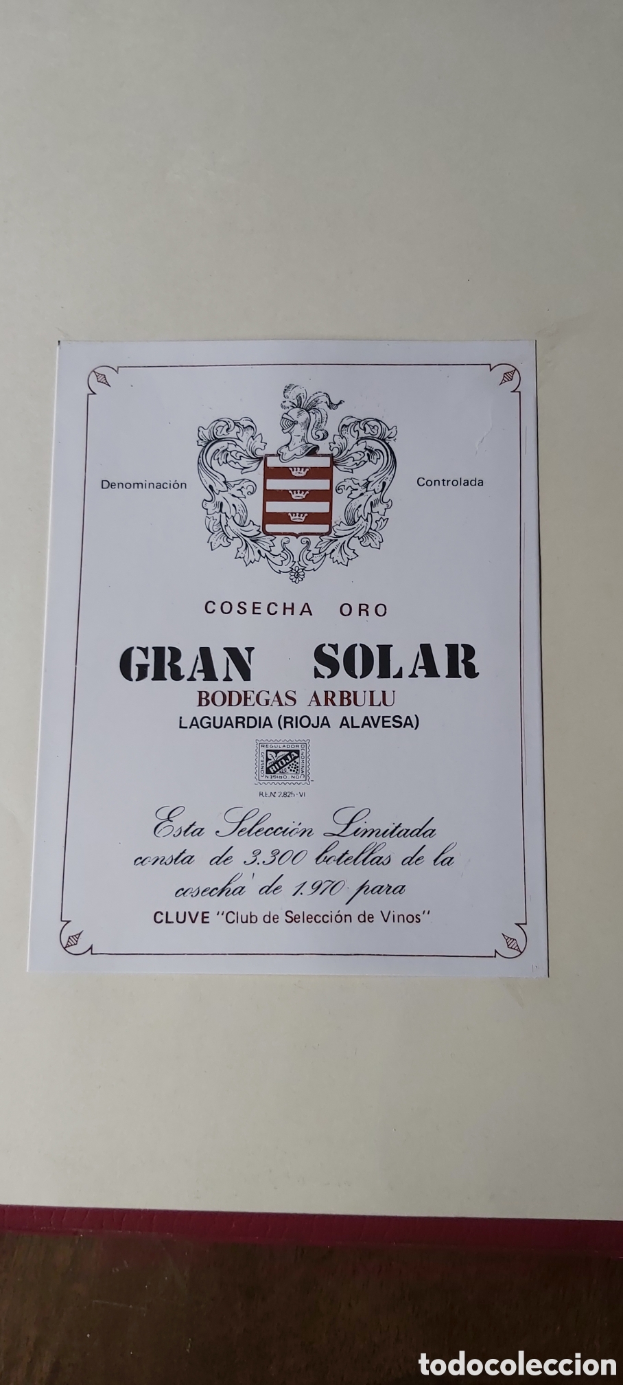 Etiquetas antiguas: ETIQUETA DE VINO GRAN SOLAR.BODEGA ARBULU. RIOJA. 1970 LAGUARDIA