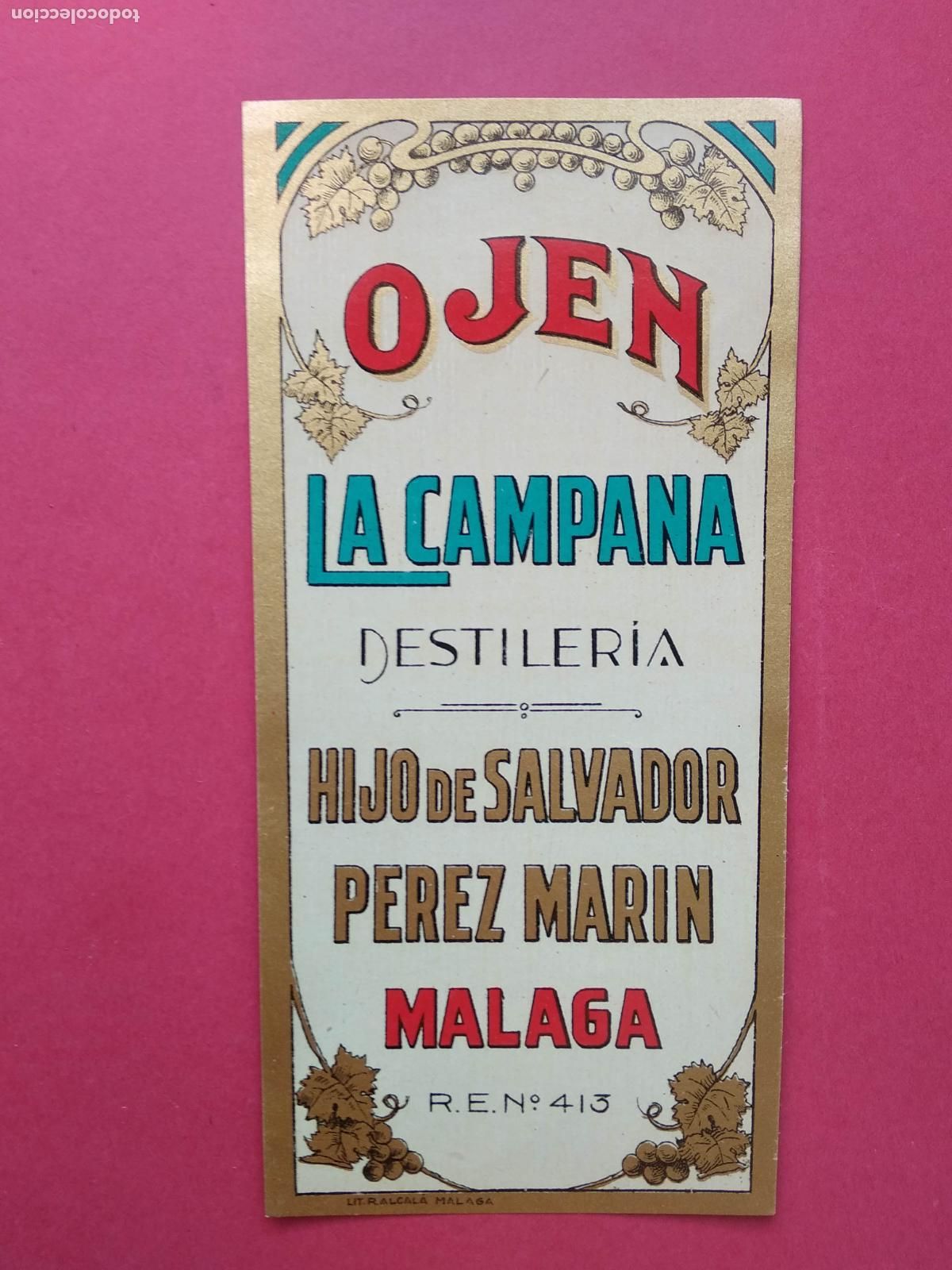 Etiquetas antiguas: ETIQUETA DE VINO MALAGA HIJO DE SALVADOR PEREZ MARIN OJEN LA CAMPANA