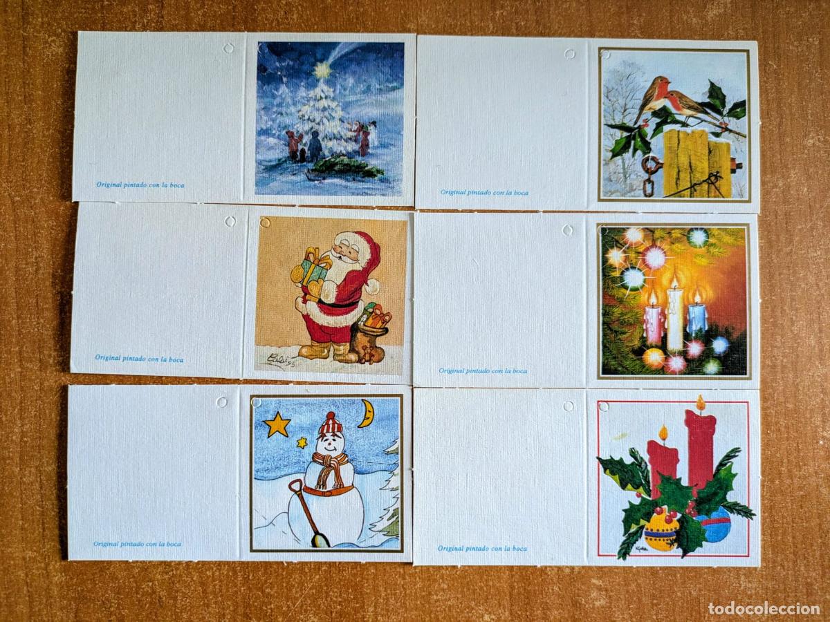 Etiquetas antiguas: Lote de 6 etiquetas navide&ntilde;as para regalos. Pintadas con la boca. Navidad.