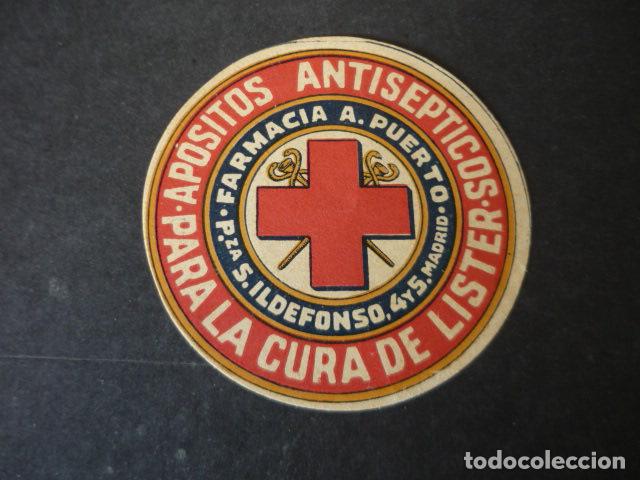 Etichette antiche: MADRID FARMACIA A PUERTO ETIQUETA APOSITOS ANTISEPTICOS 7 CM