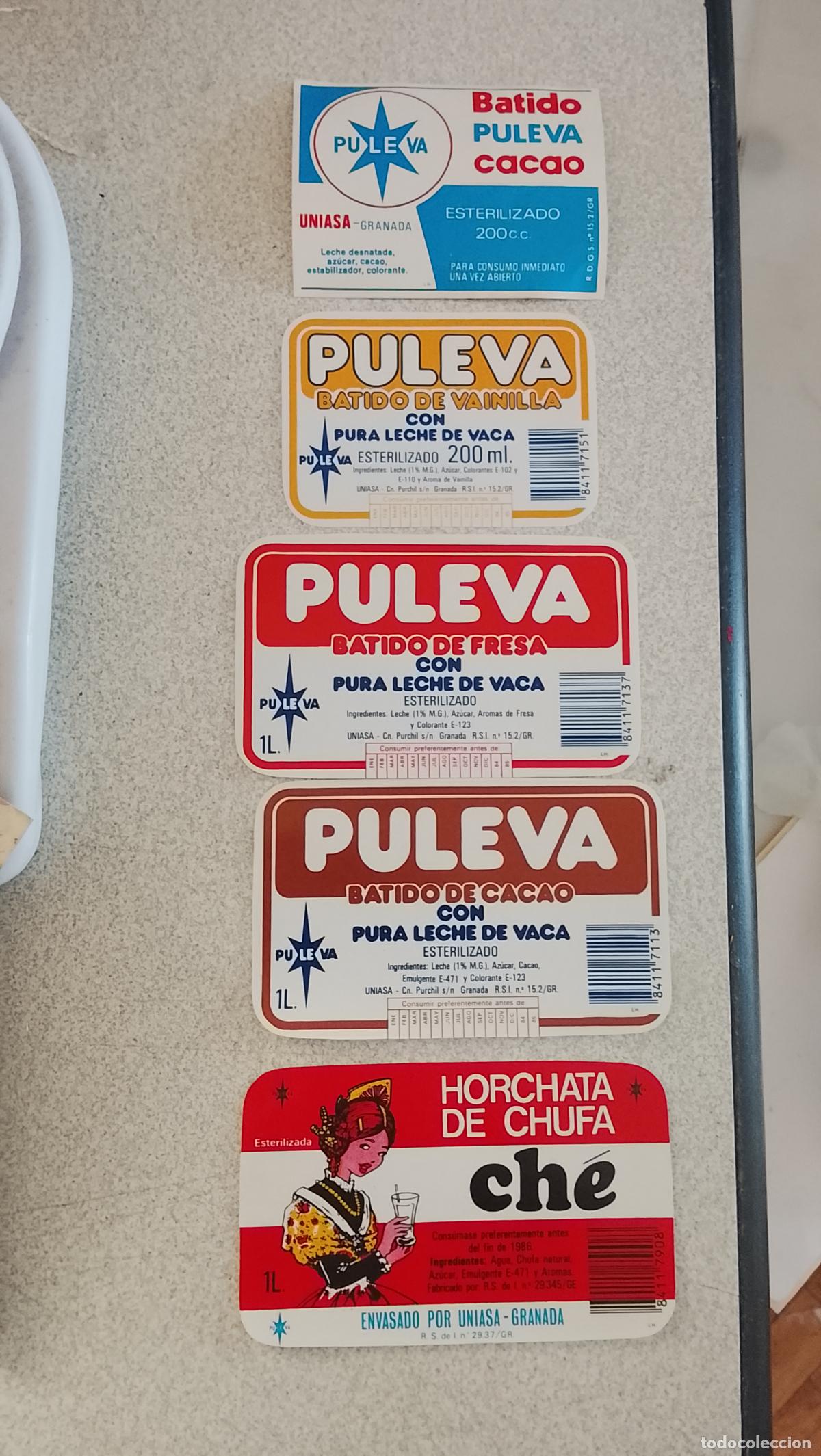 Etiquetas antiguas: MAXI COLECCION 5 ETIQUETAS PULEVA UNIASA LECHE VACA BATIDOS FRESA VAINILLA CACAO HORCHATA CHE CHUFA