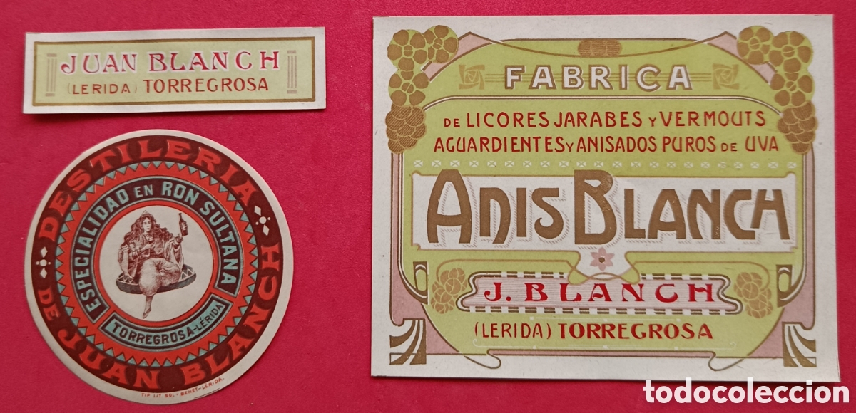 Old Labels: FABRICA DE LICORES - JUAN BLANCH / ANIS BLANCH / 3 ETIQUETAS / TORREGROSSA / LLEIDA