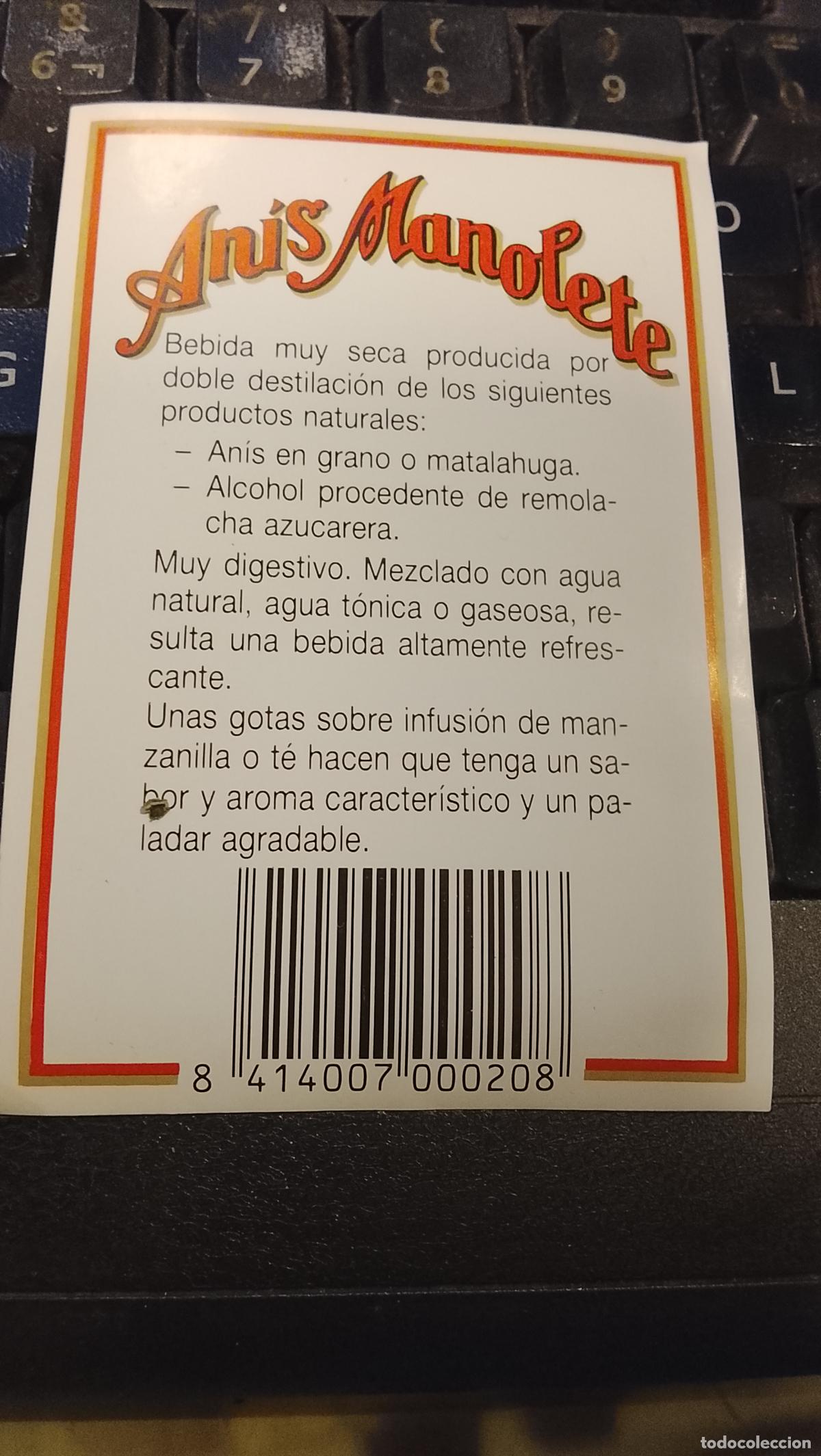 Etiquetas antiguas: Etiqueta an&iacute;s extra seco Manolete destiler&iacute;a del Sur Montilla C&oacute;rdoba trasera - TORERO