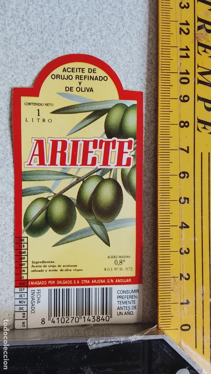 Etiquetas antiguas: ANTIGUA ETIQUETA ACEITE OLIVA ORUJO ARIETE