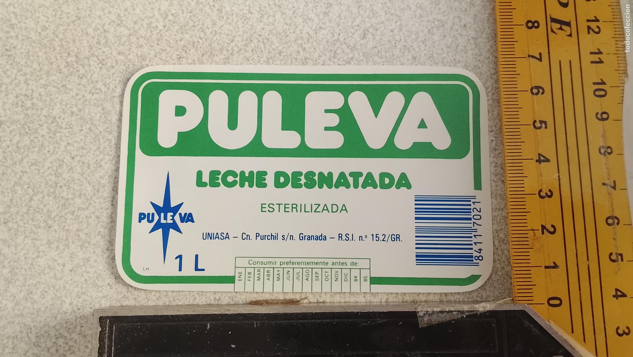 Etiquetas antiguas: ANTIGUA DIFICIL ETIQUETA LECHE PULEVA BATIDO LECHE DESNATADA UNIASA ESTERELIZADA 1 LITRO PU LE VA