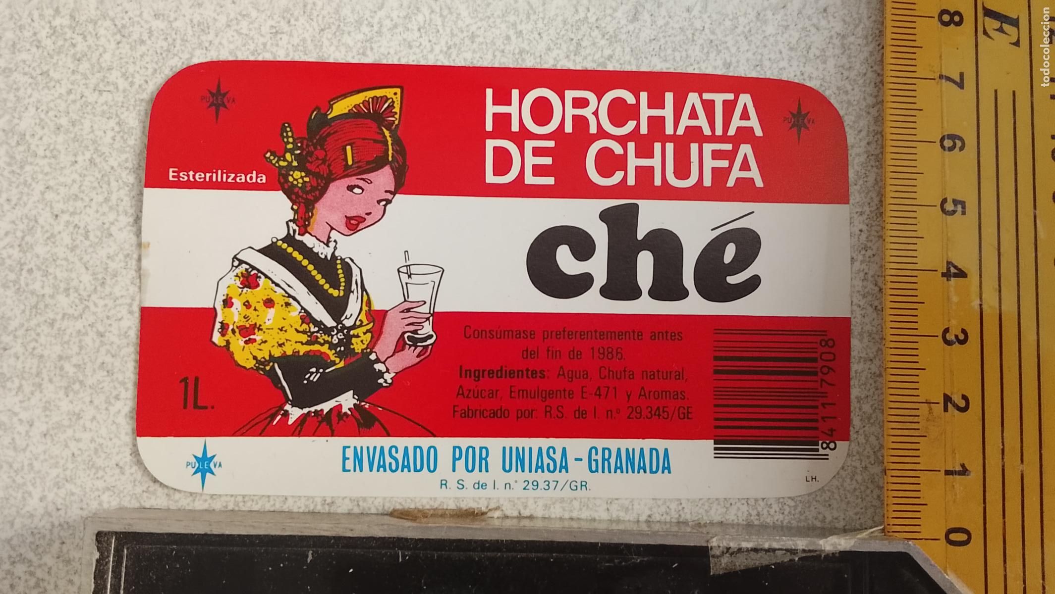 Etiquetas antiguas: ANTIGUA DIFICIL ETIQUETA LECHE PULEVA HORCHATA DE CHUFA CHE UNIASA GRANADA