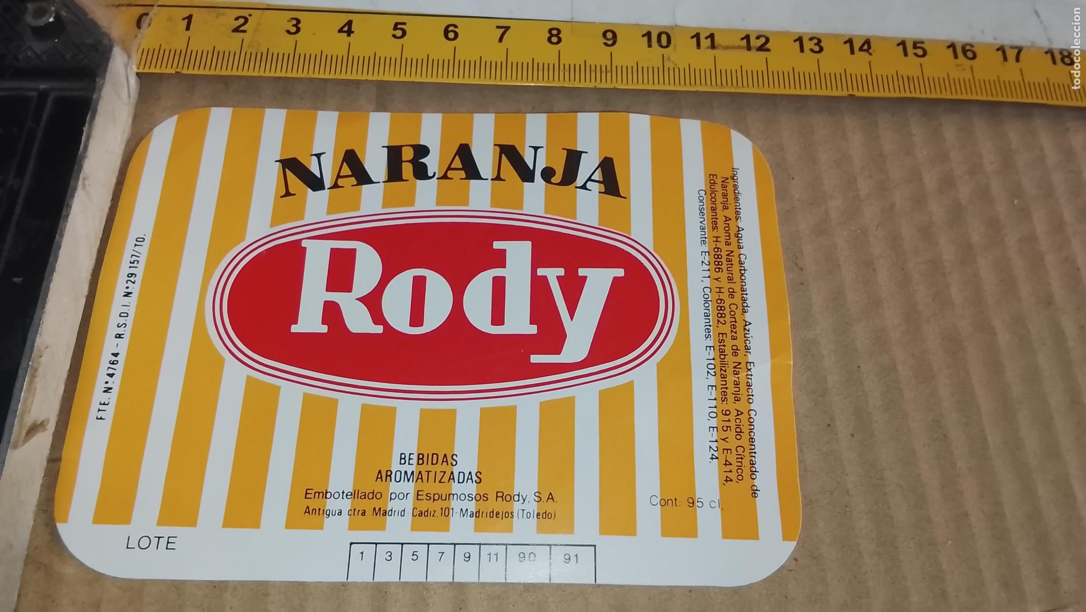 Etiquetas antiguas: antigua etiqueta original SIN PEGAR , de BOTELLA REFRESCOS RODY NARANJA