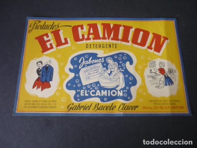 Etiquetas antiguas: DETERGENTE EL CAMION ANTIGUA ETIQUETA JATIVA VALENCIA 13,5 X 21 CM