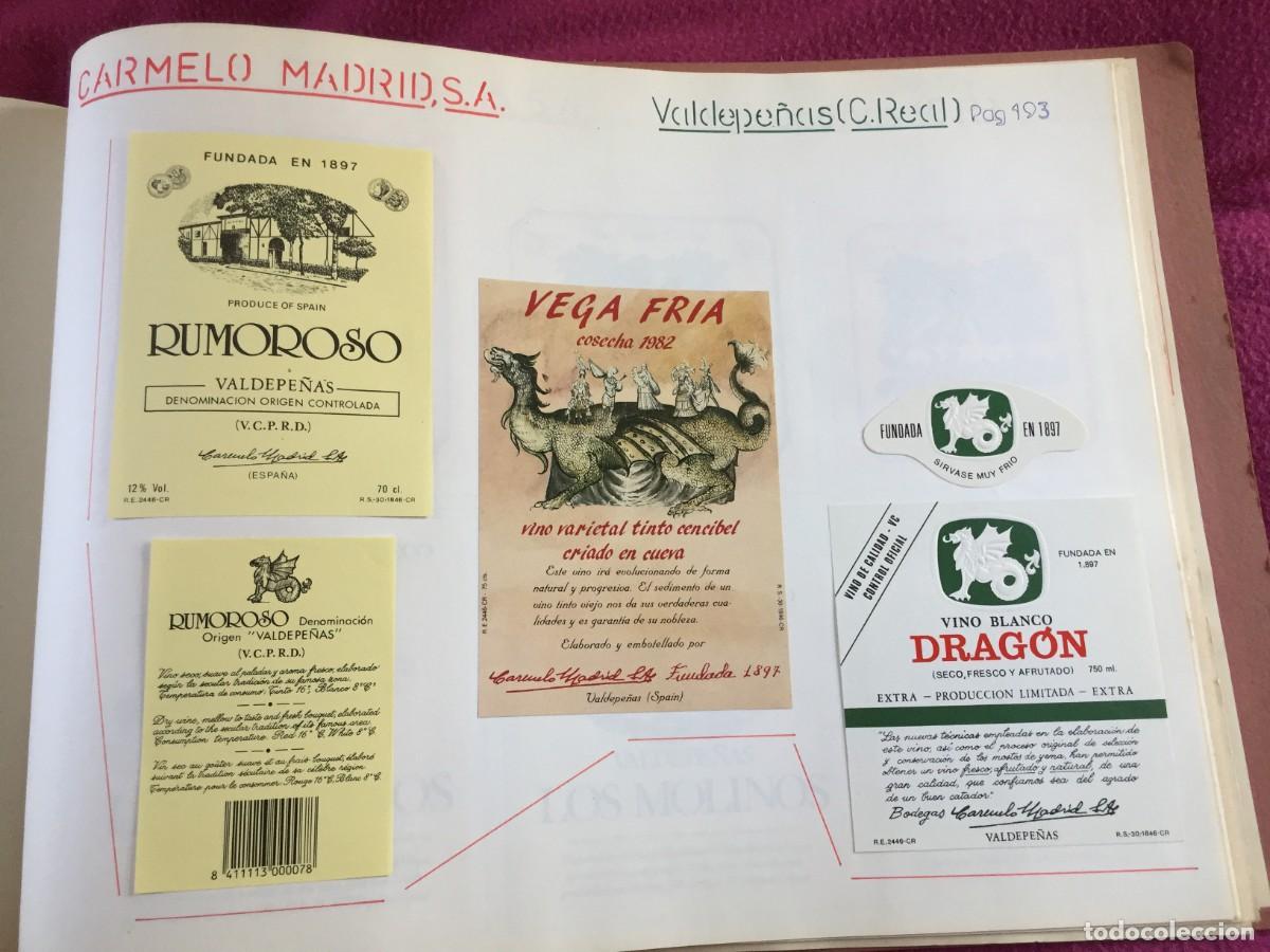 Etiquetas antiguas: 4 ETIQUETAS DE VINO TINTO RUMOROSO ....DE BODEGAS CARMELO S.A - VALDEPE&Ntilde;AS (CIUDAD REAL) - EN 1 HOJA
