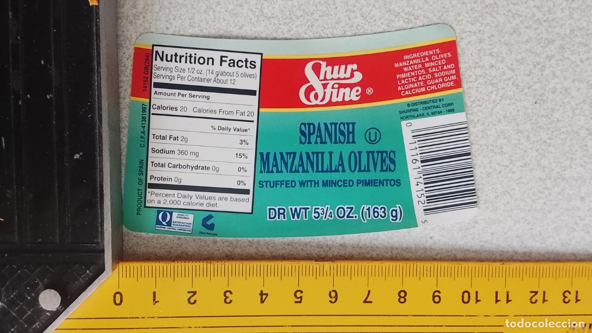 Etiquetas antiguas: ETIQUETA ACEITUNAS O ACEITE - SHUR FINE SPANISH MANZANILLA OLIVES