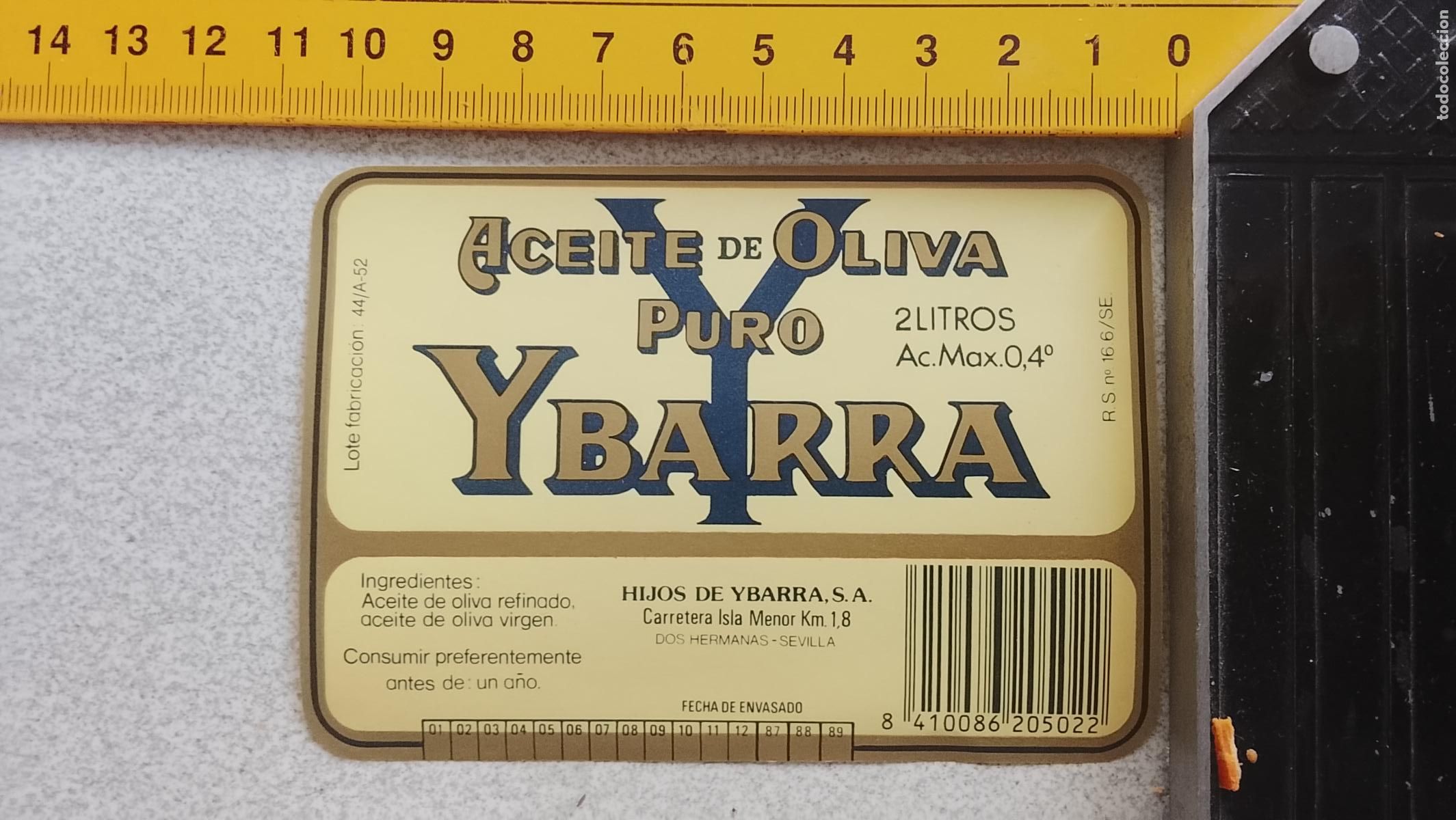 Etiquetas antiguas: ETIQUETA ACEITUNAS O ACEITE - ACEITE DE OLIVA PURO 2 LITROS YBARRA