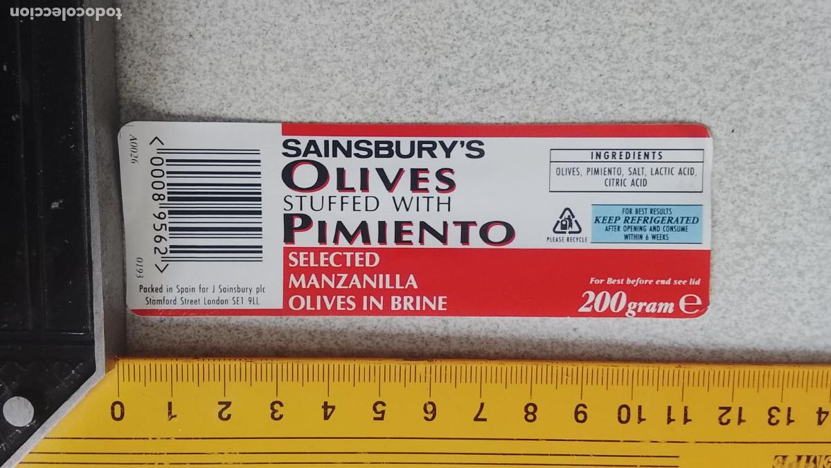 Etiquetas antiguas: ETIQUETA ACEITUNAS O ACEITE - ACEITUNAS SAINSBURYS OLIVES PIMIENTO MANZANILLA
