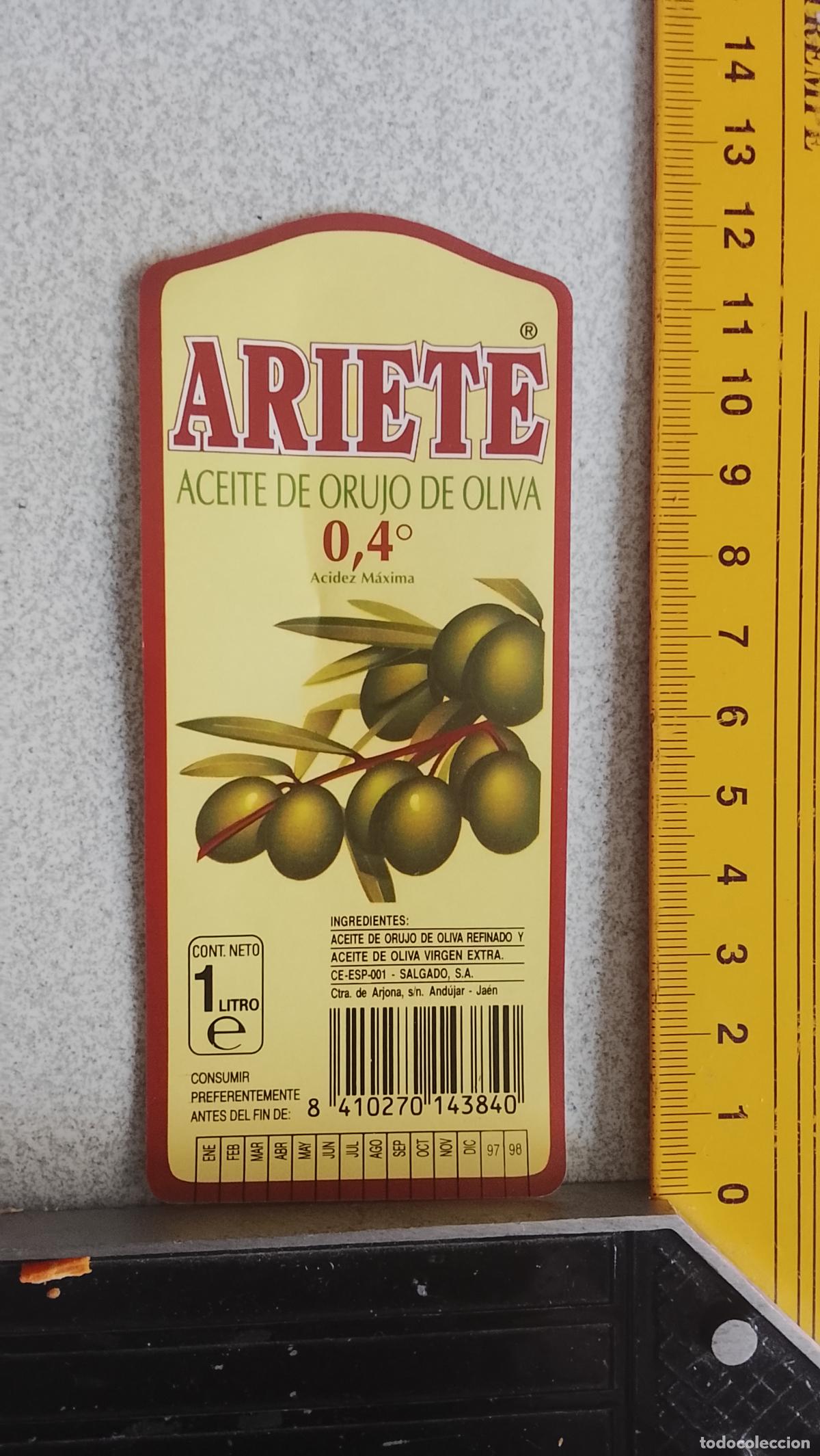 Etiquetas antiguas: ETIQUETA ACEITUNAS O ACEITE - ACEITE DE OLIVA ORUJO ARIETE